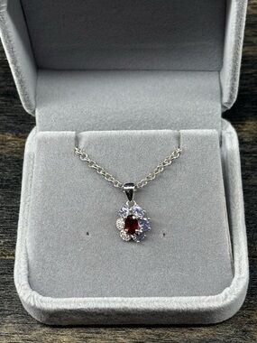 Stunning Genuine Ruby 6x4mm Oval, Tanzanite and Zircon Pendant Necklace 18”